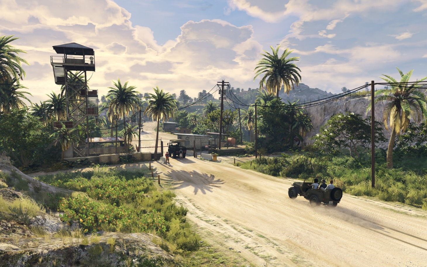 
        Sceneria z gry wideo, z samochodami na drodze.
    