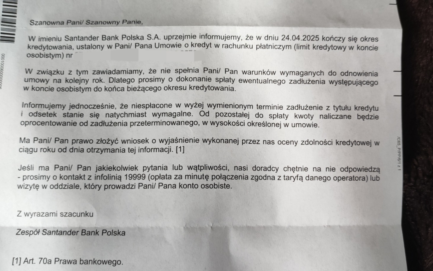 
        List z informacjami od banku dotyczący kredytu.
    