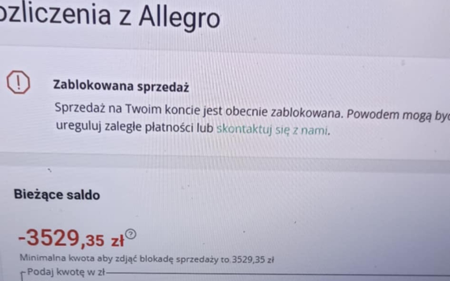 
        Zablokowane konto na Allegro z informacją o zaległościach.
    