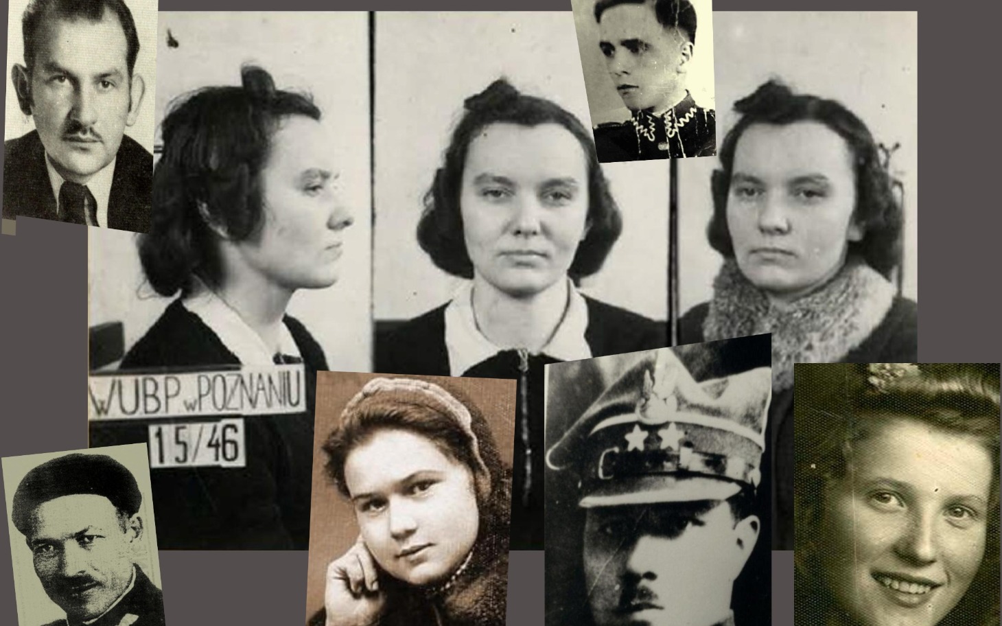 
        Kolaż zdjęć historycznych osób z lat 40-tych XX wieku.
    