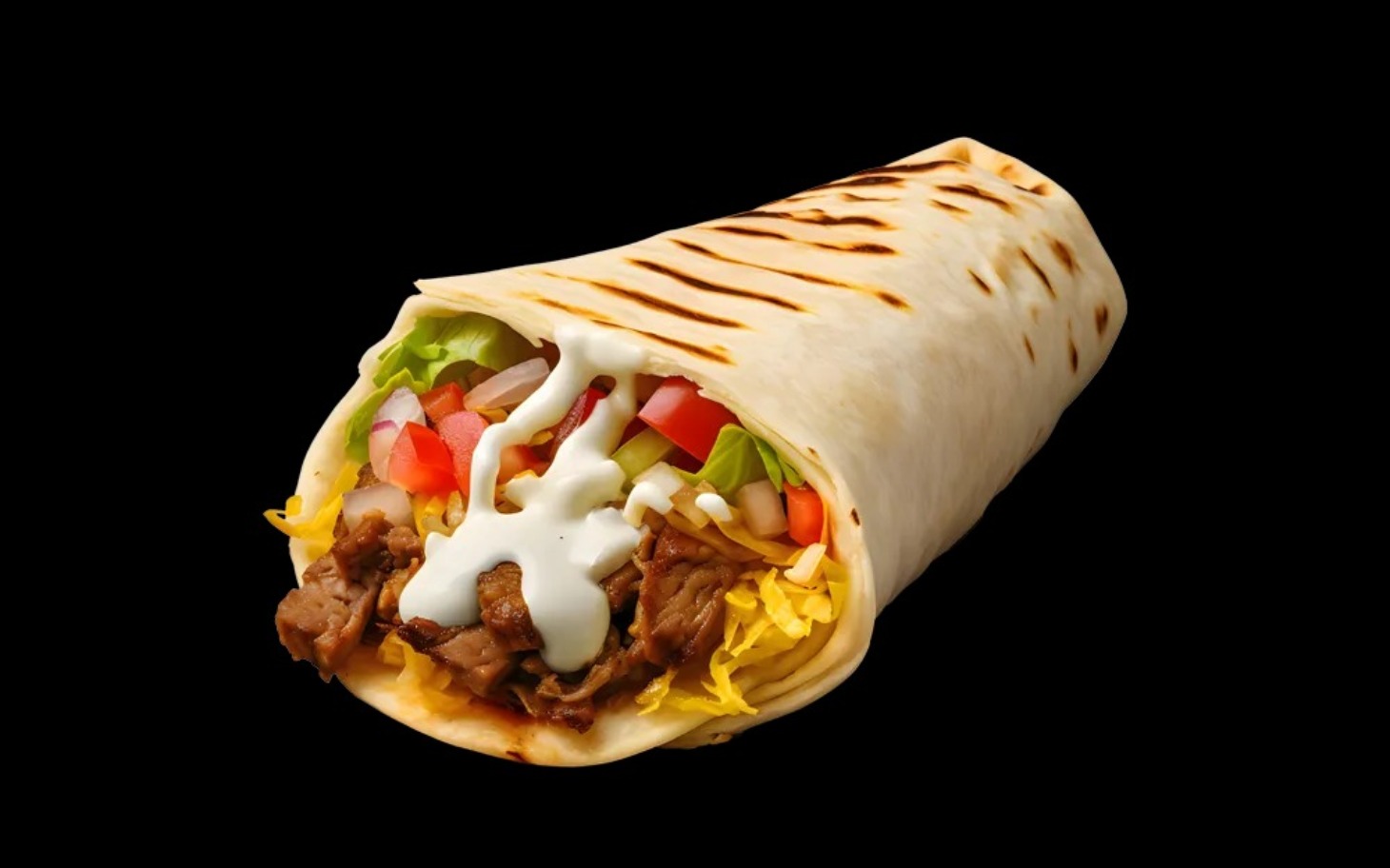 
        Pyszny burrito z mięsem, warzywami i sosem.
    