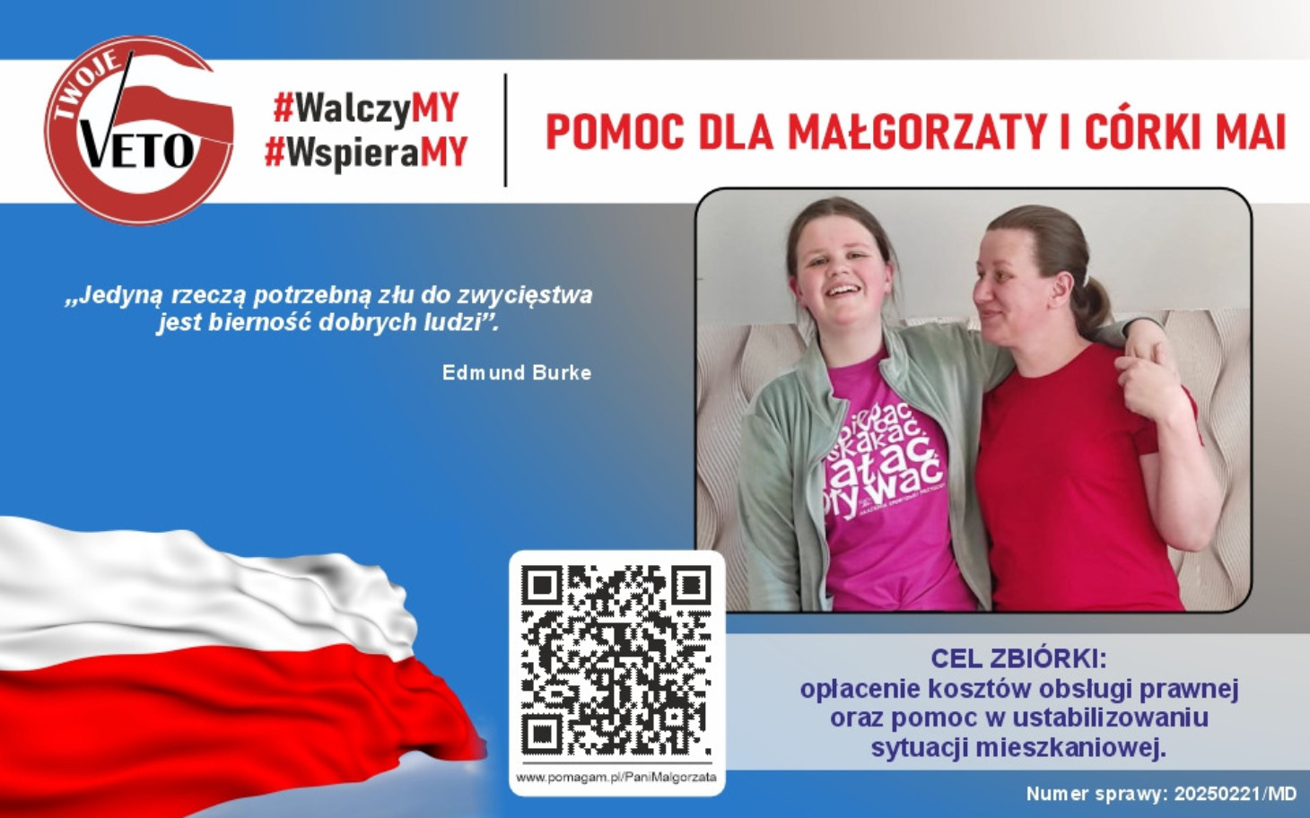 
        Plakat z informacjami o zbiórce dla Mai i jej córki.
    