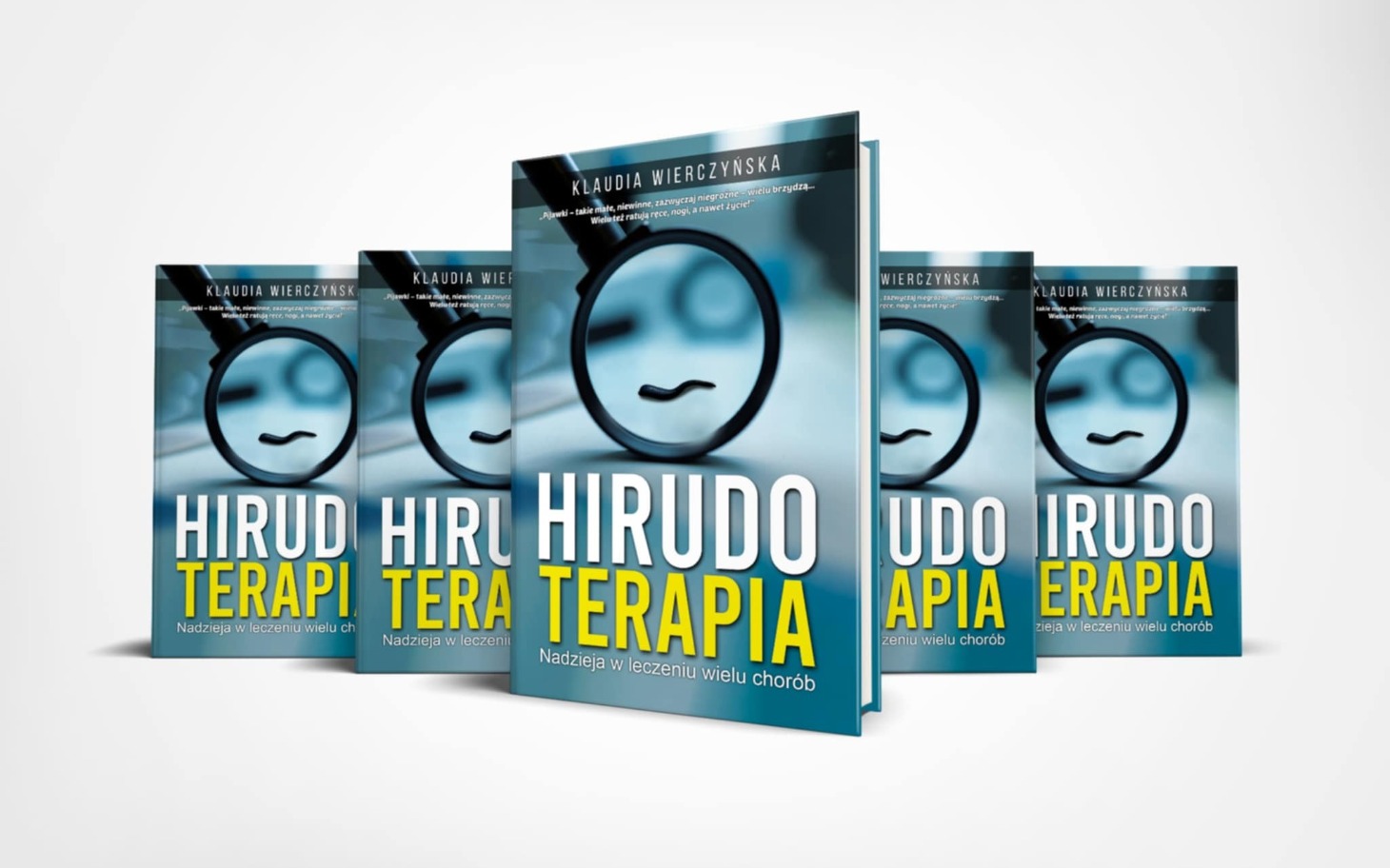 
        Książka o terapii hirudynowej z ilustracją na okładce.
    