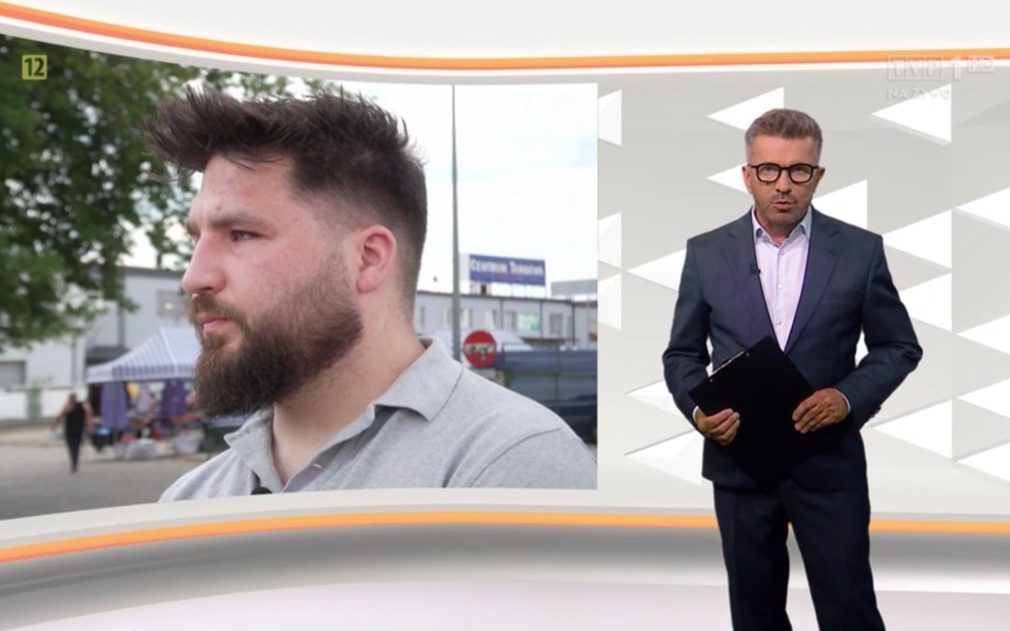 
        Prezenter telewizyjny w studiu, prowadzący program informacyjny.
    
