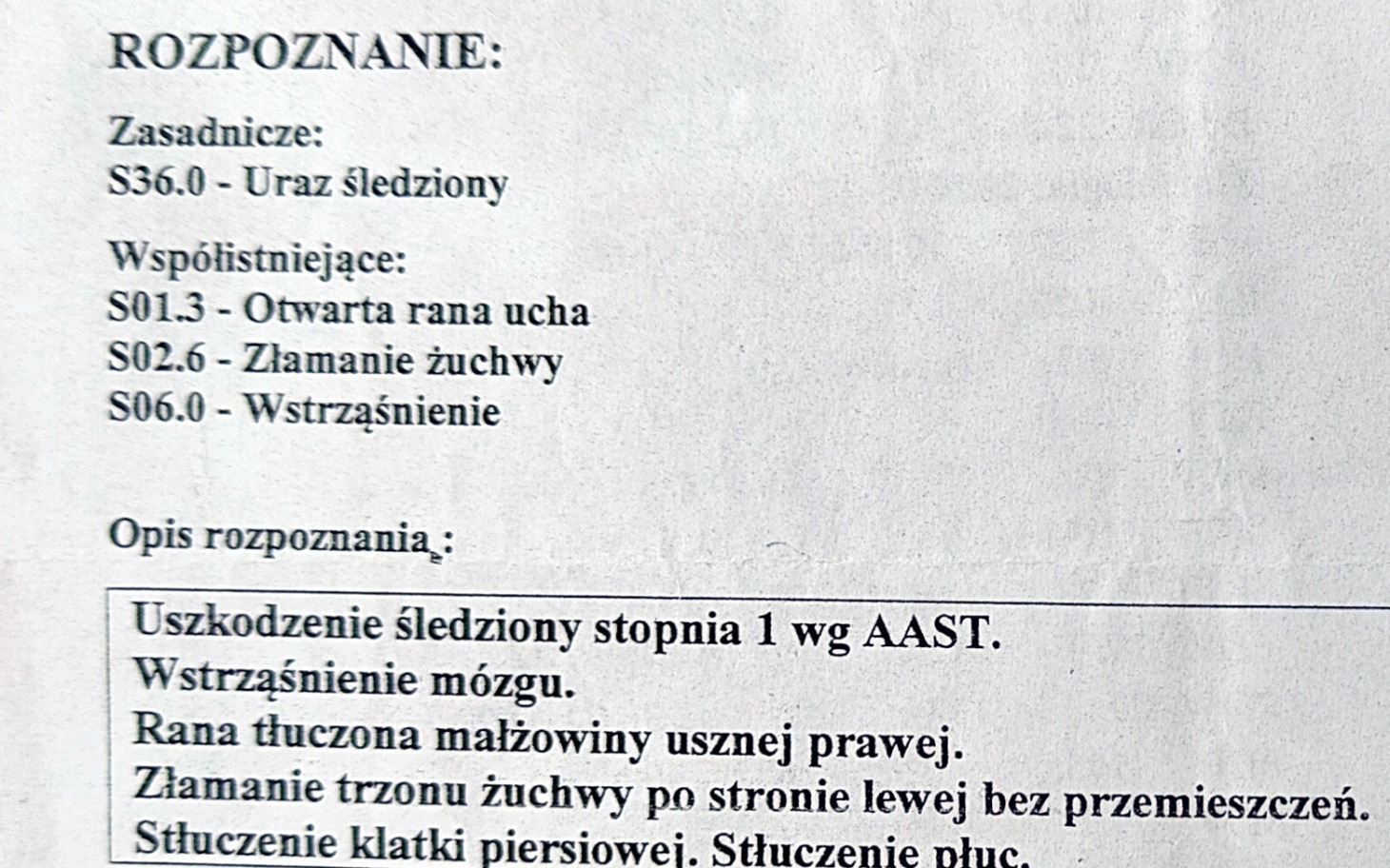 
        Dokument medyczny z diagnozą urazów.
    