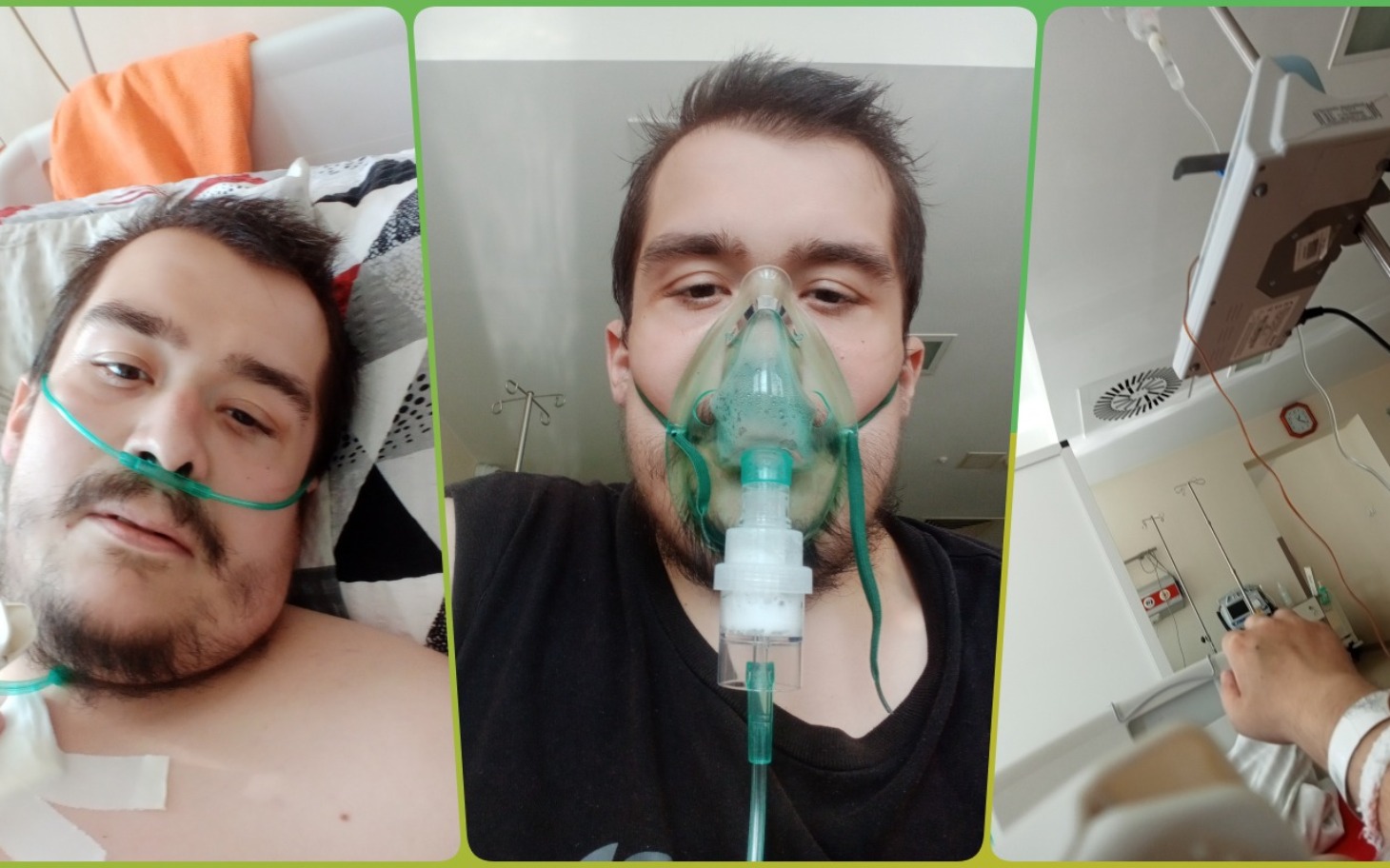 
        Mężczyzna w szpitalu z tlenem na twarzy, w trudnej sytuacji zdrowotnej.
    