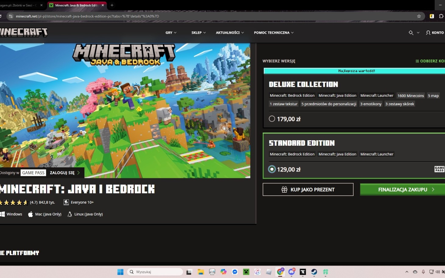 
        Ekran gry Minecraft z różnymi opcjami zakupu.
    
