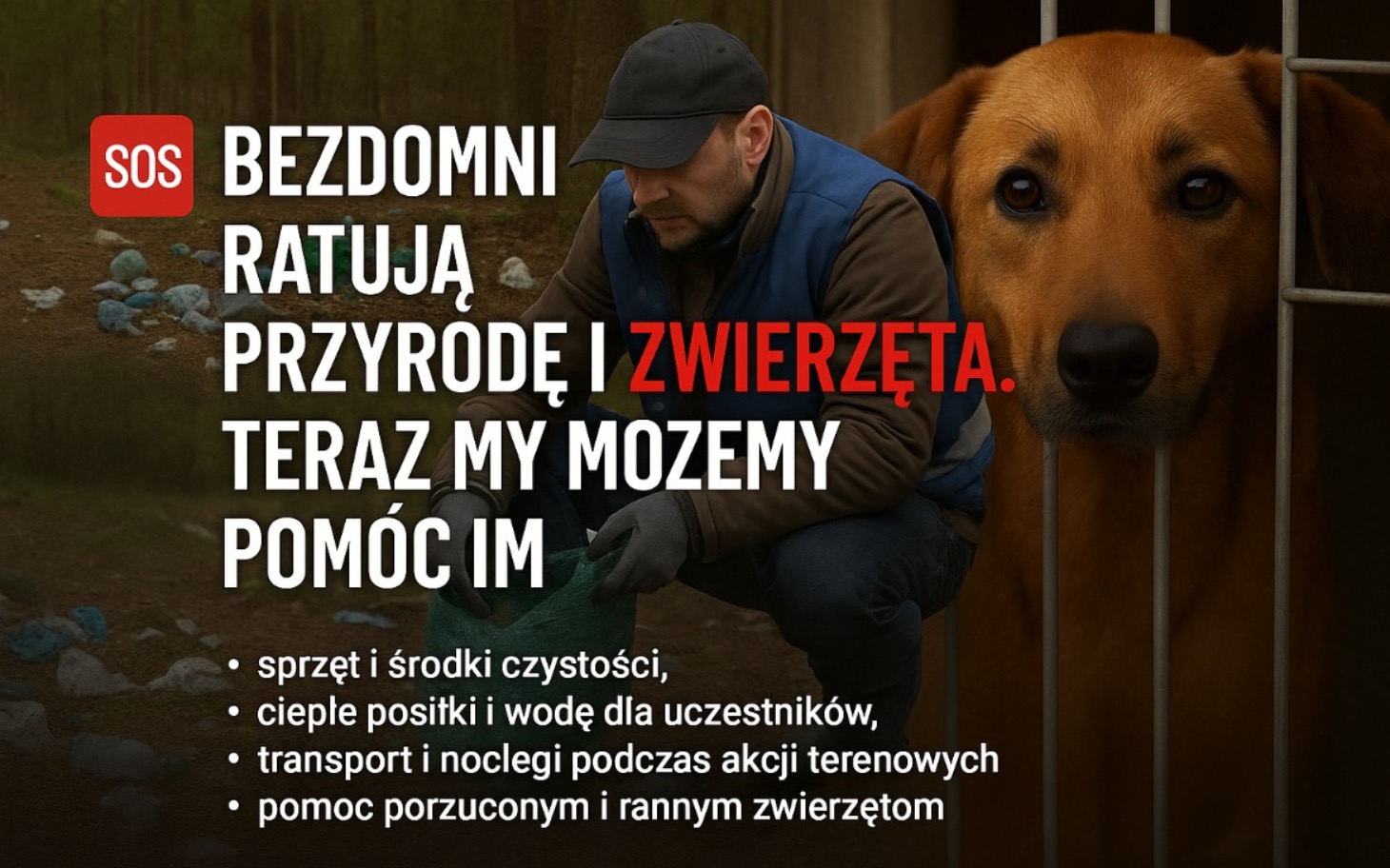 
        Mężczyzna ratujący zwierzęta, z informacjami o pomocy.
    