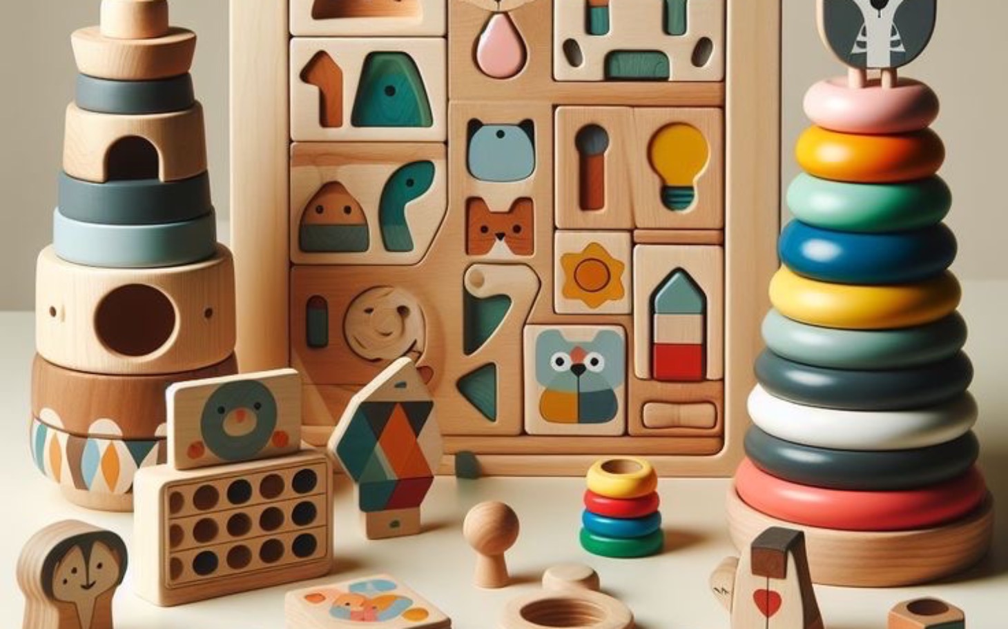 
        Zestaw drewnianych zabawek edukacyjnych dla dzieci.
    