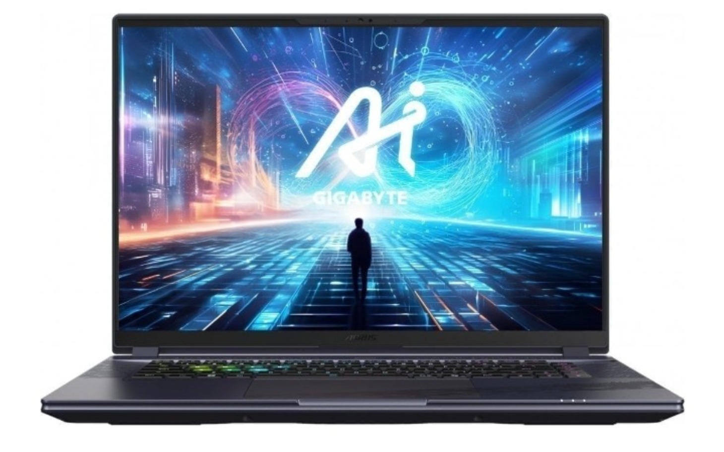 
        Laptop GIGABYTE z futurystycznym tłem na ekranie.
    