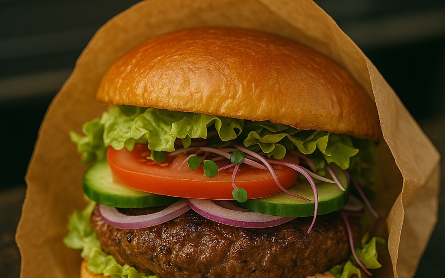 
        Apetyczny burger z sałatą, pomidorem i ogórkiem.
    