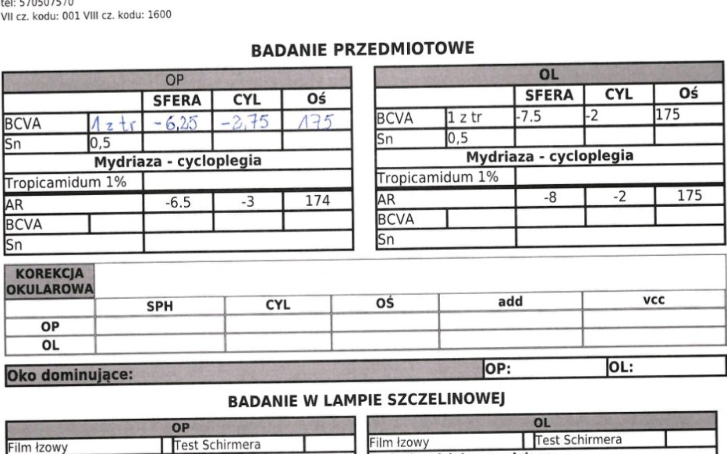 
        Dokument medyczny z wynikami badań wzroku, z danymi pacjenta.
    