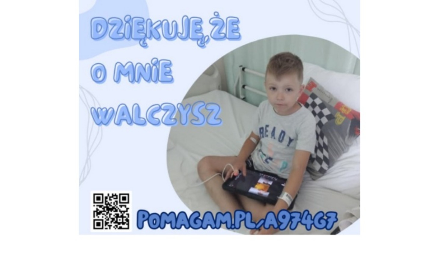 
        Chłopiec z tabletem w szpitalnym łóżku.
    