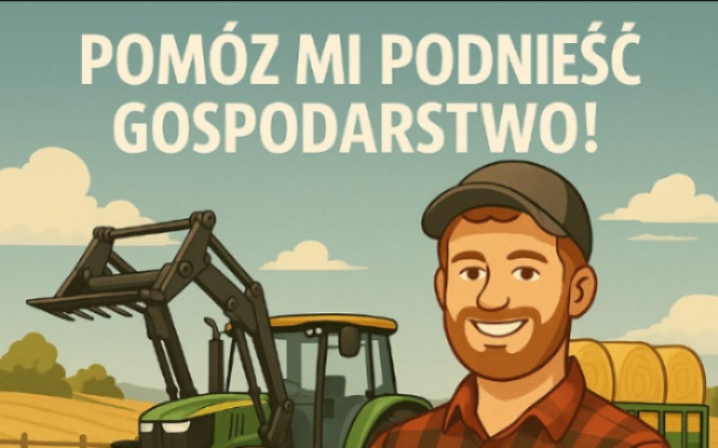 
        Ilustracja z mężczyzną i ciągnikiem, zachęcająca do wsparcia gospodarstwa.
    