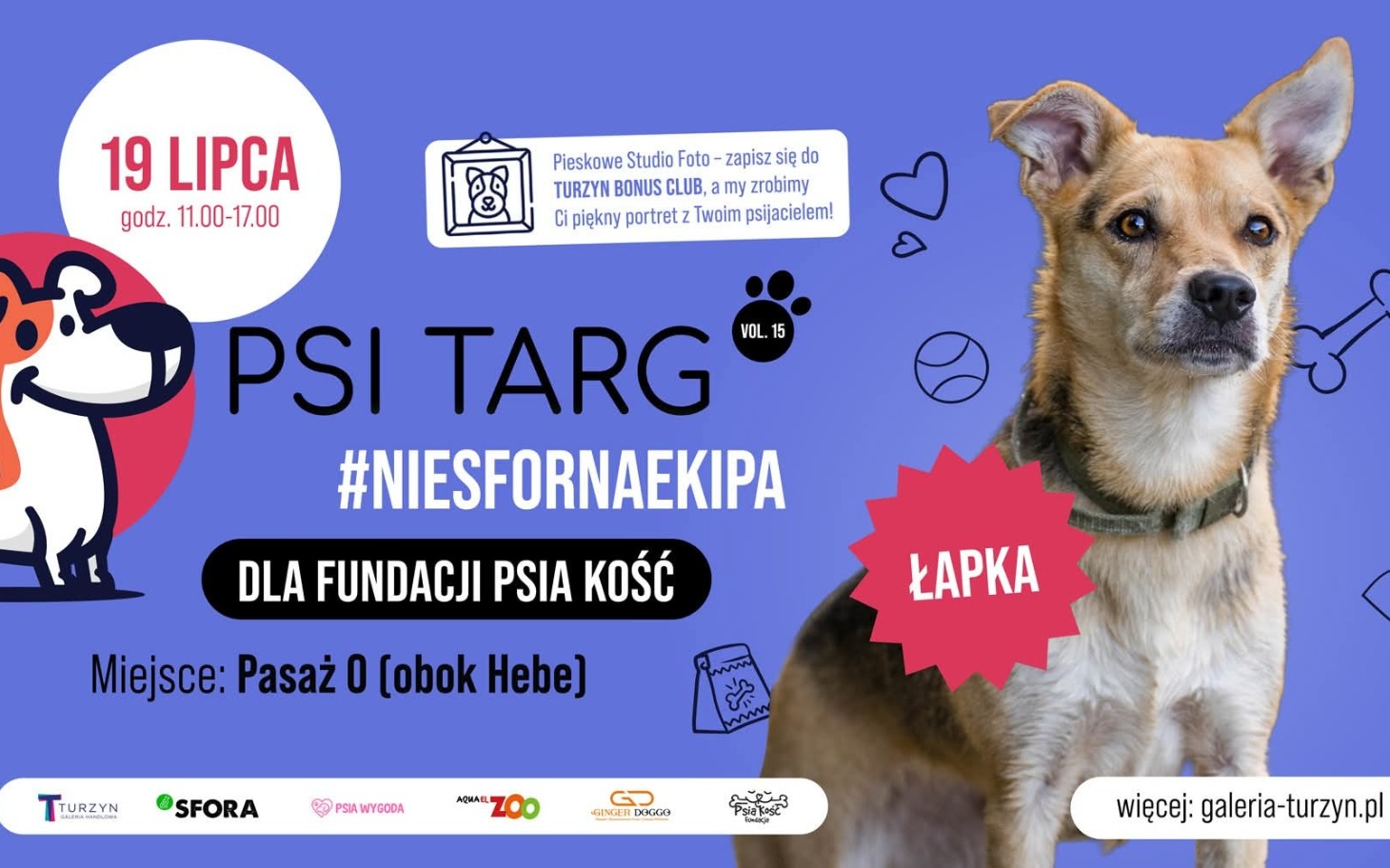 
        Plakat wydarzenia Psi Targ z psem i informacjami o fundacji.
    