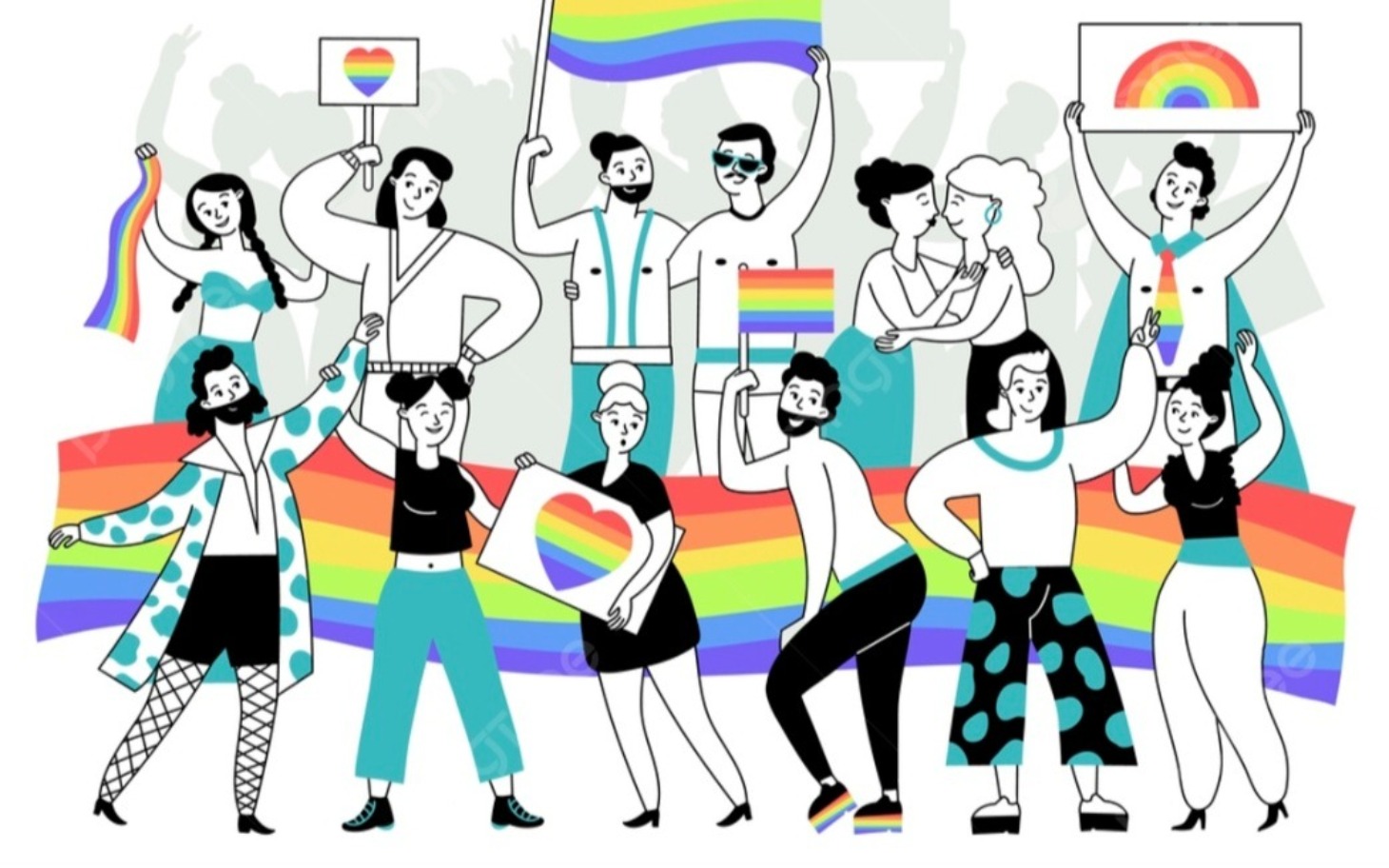 
        Ilustracja ludzi świętujących różnorodność z tęczowymi flagami.
    
