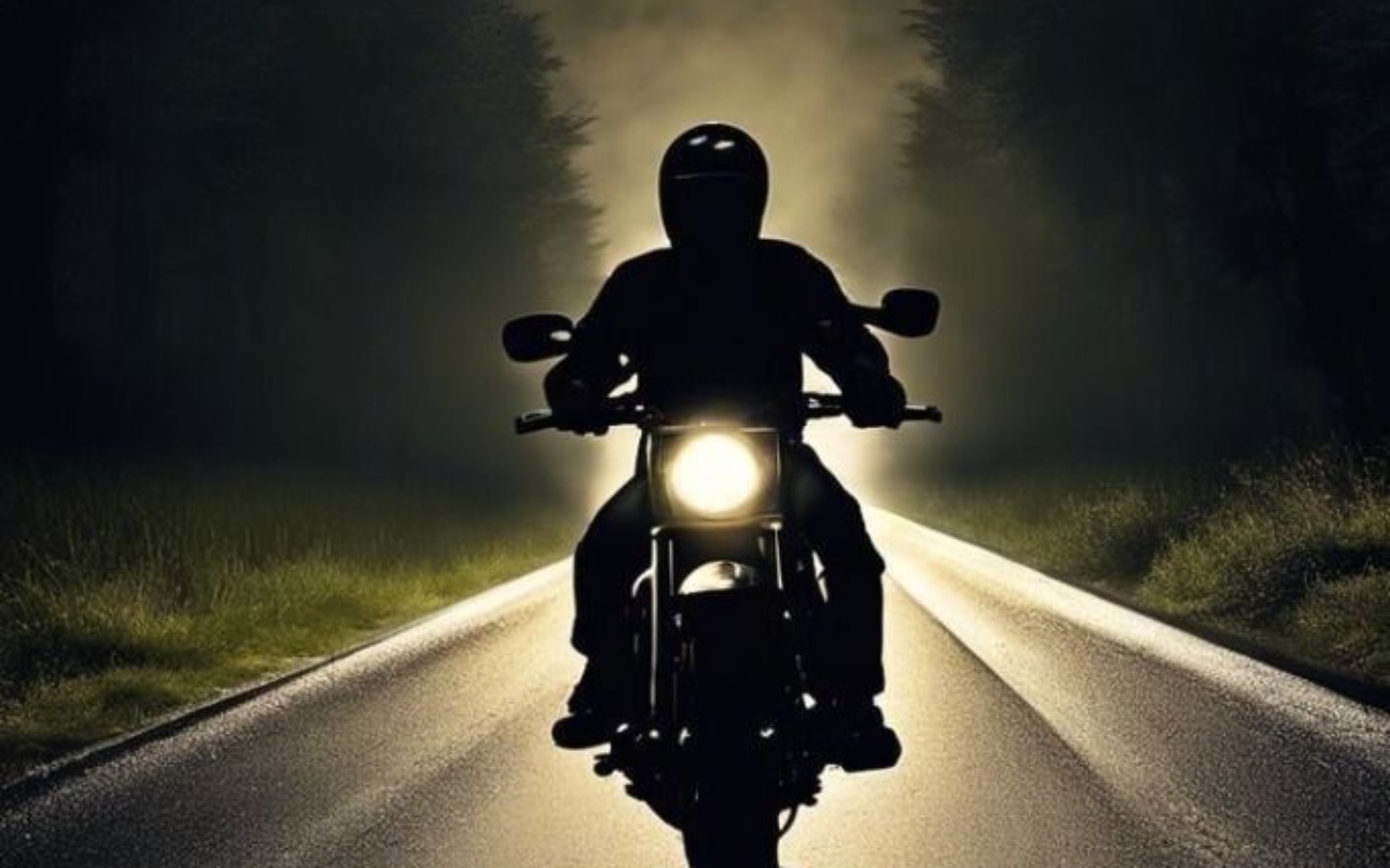 
        Silhouette motocyklisty na drodze w ciemności.
    