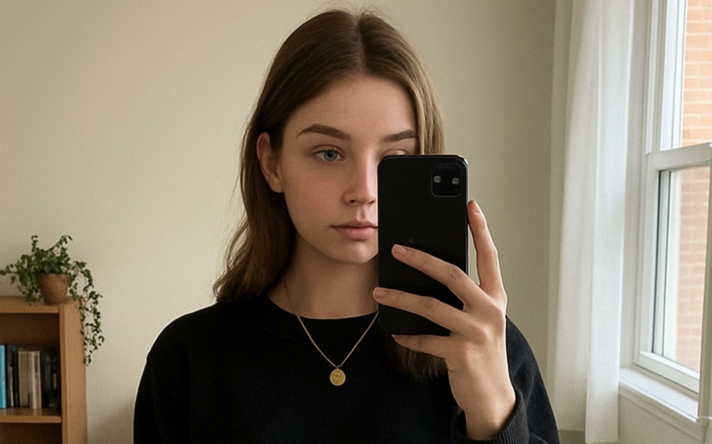 
        Młoda kobieta robiąca selfie w lustrze.
    