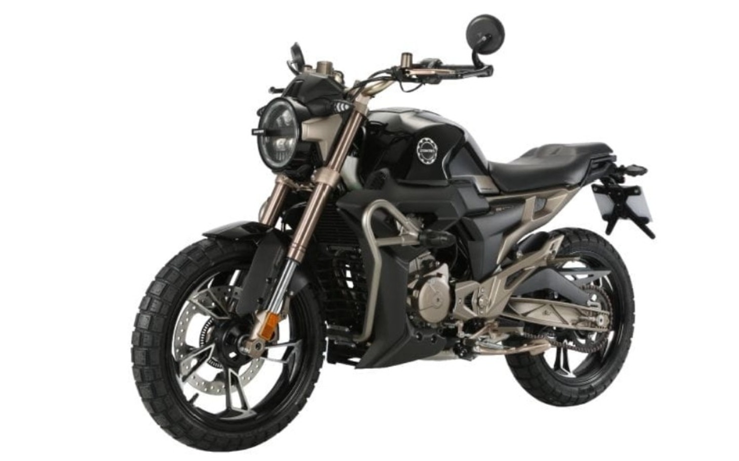 
        Motocykl w stylu retro, czarny z metalicznymi akcentami.
    