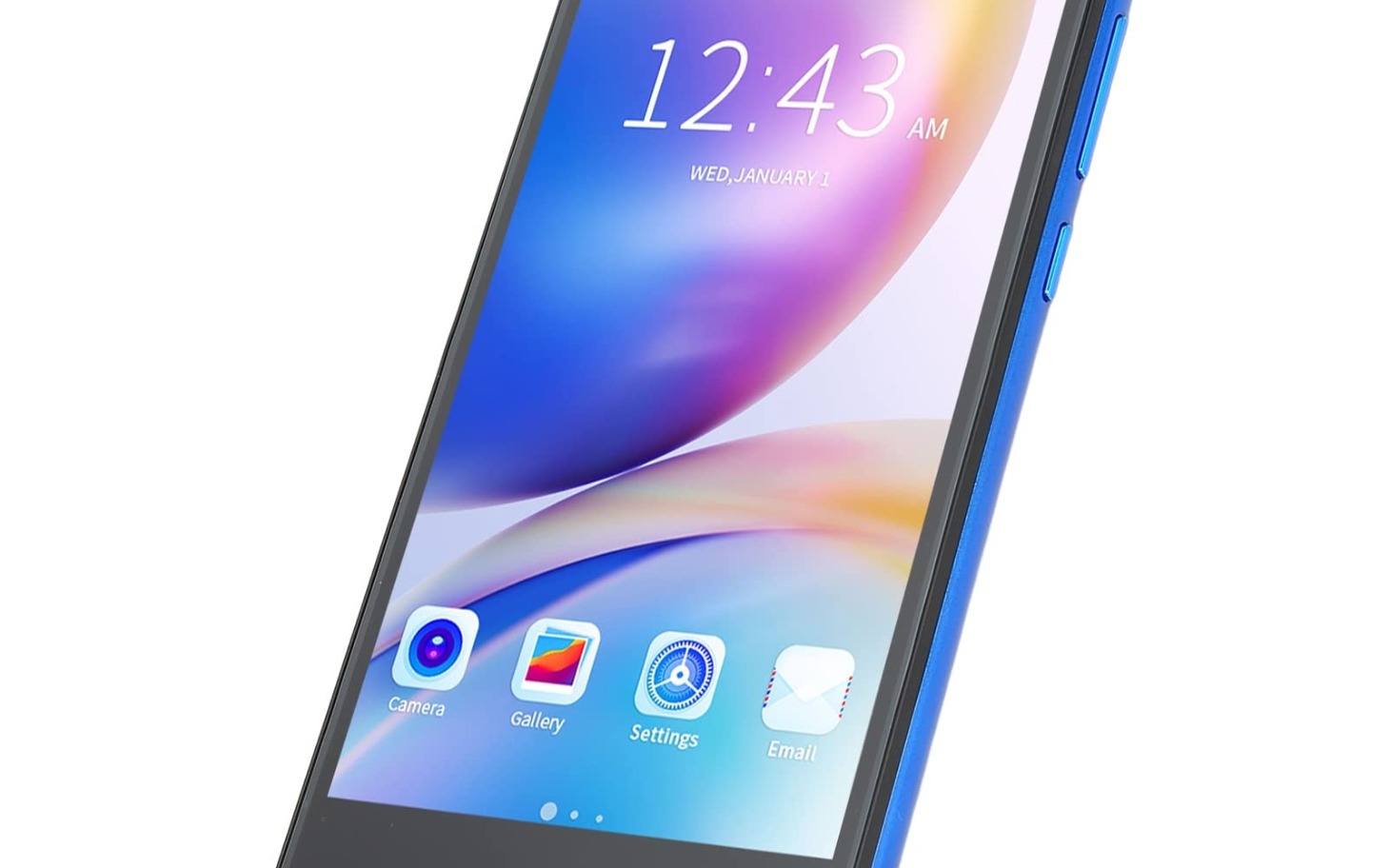 
        Smartfon z wyświetlaczem, pokazujący godzinę i aplikacje.
    