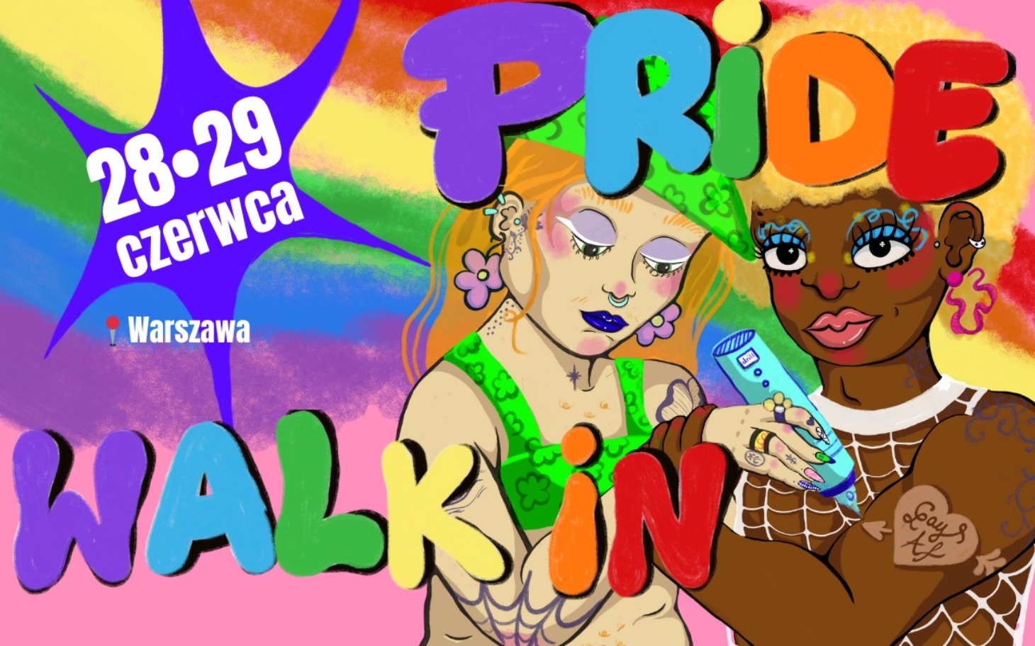 Kolorowy plakat zapraszający na wydarzenie Pride.