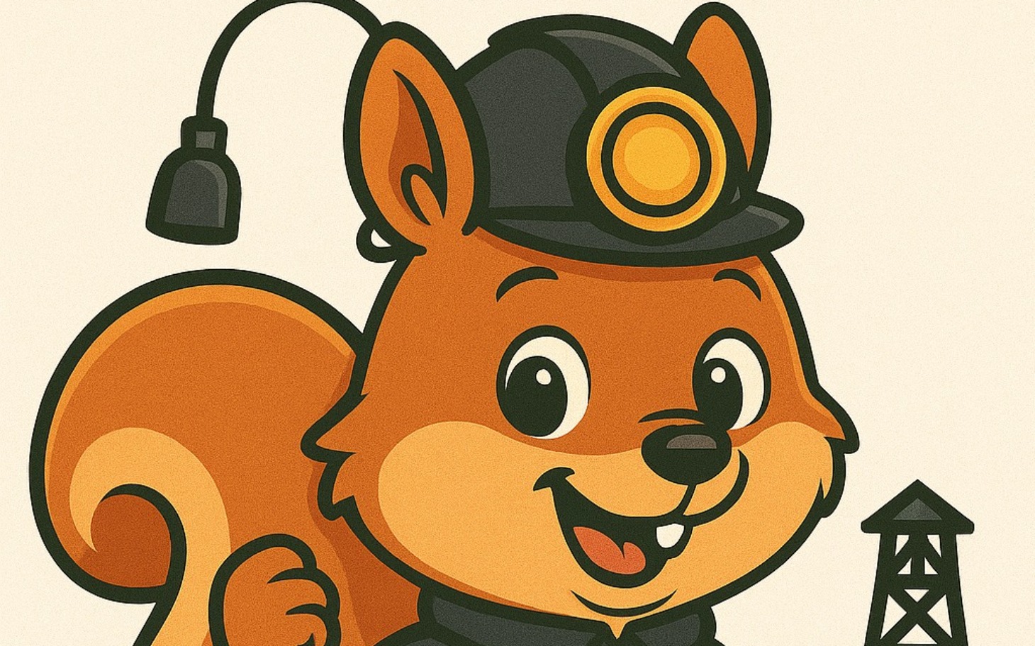 
        Ilustracja wesołego wiewiórki w hełmie górniczym.
    