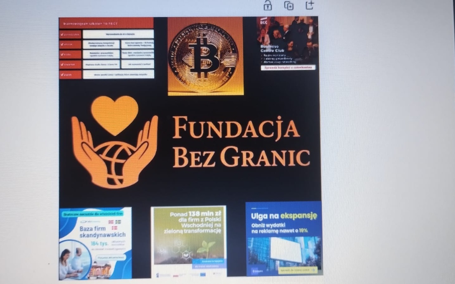 
        Grafika z logo fundacji i informacjami o projektach.
    