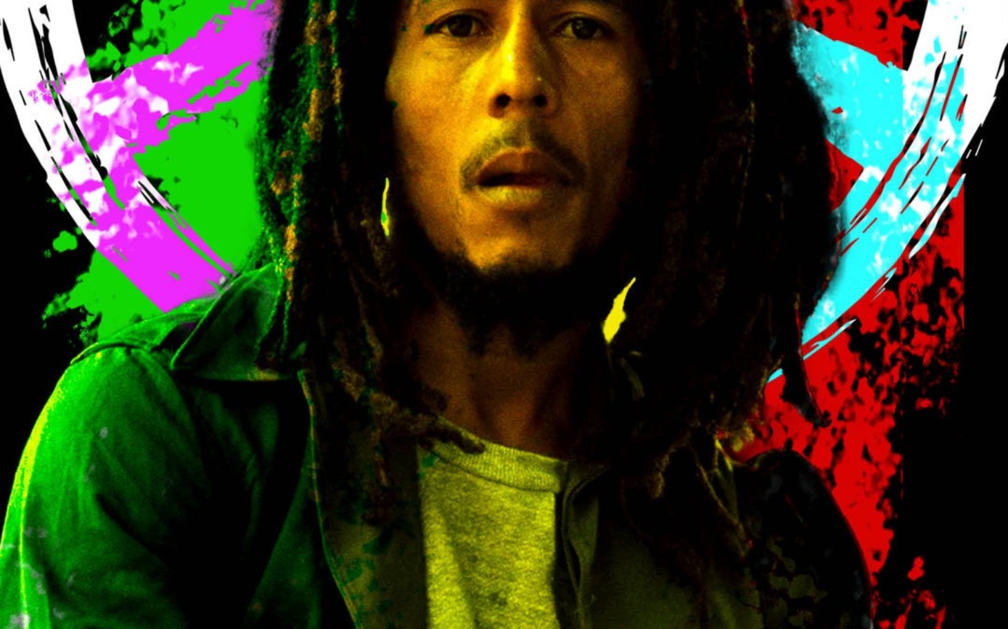 
        Kolorowy portret Bob'a Marleya na tle graficznym.
    