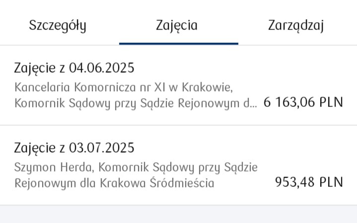 
        Zrzut ekranu z informacjami o zajęciach i kosztach w Krakowie.
    