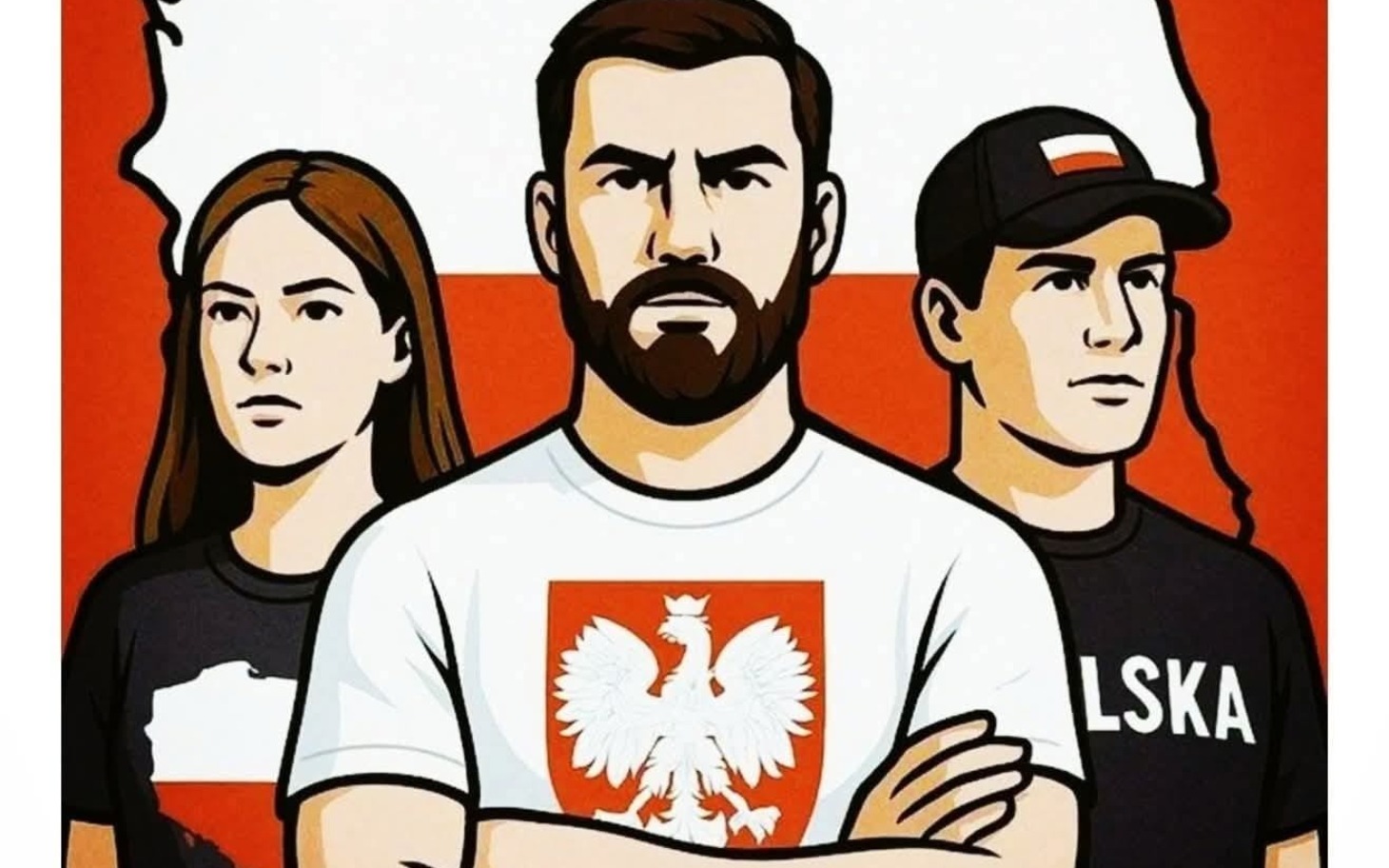 
        Grafika przedstawiająca młodych ludzi z symbolem Polski w tle.
    