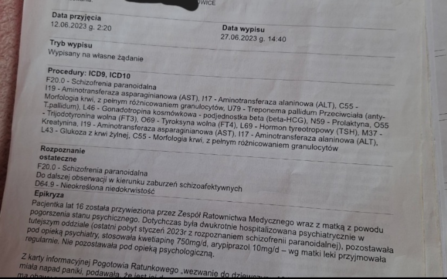 
        Dokument medyczny z informacjami o pacjencie i diagnozie.
    