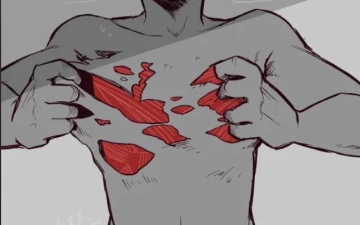 
        Ilustracja mężczyzny zrywającego skórę z klatki piersiowej.
    