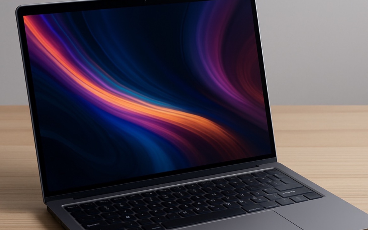 
        Nowoczesny laptop na drewnianym biurku, gotowy do pracy.
    