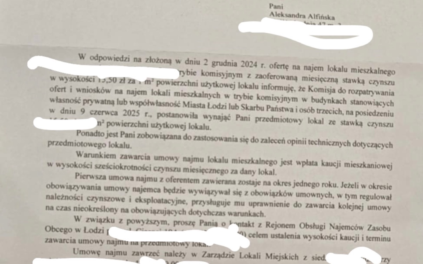 
        Pismo dotyczące wynajmu mieszkania z informacjami o czynszu.
    