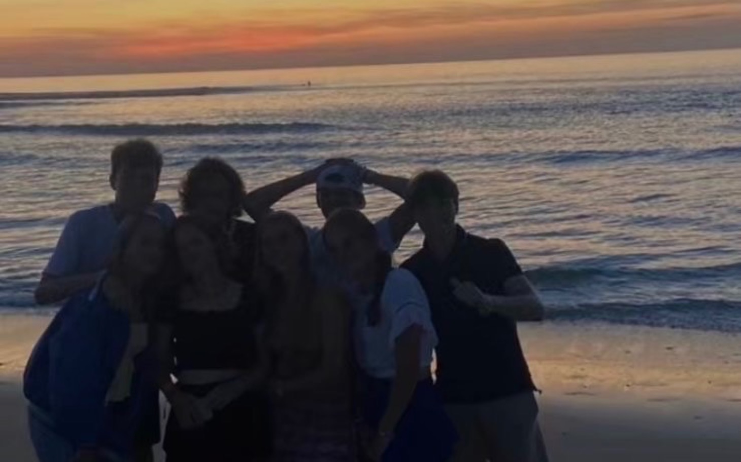 
        Grupa przyjaciół pozująca na plaży podczas zachodu słońca.
    