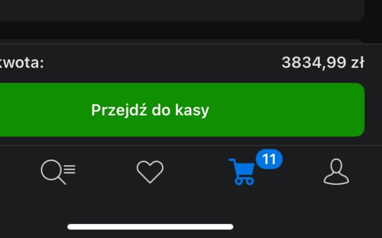
        Zrzut ekranu z aplikacji zakupowej z kwotą do zapłaty.
    