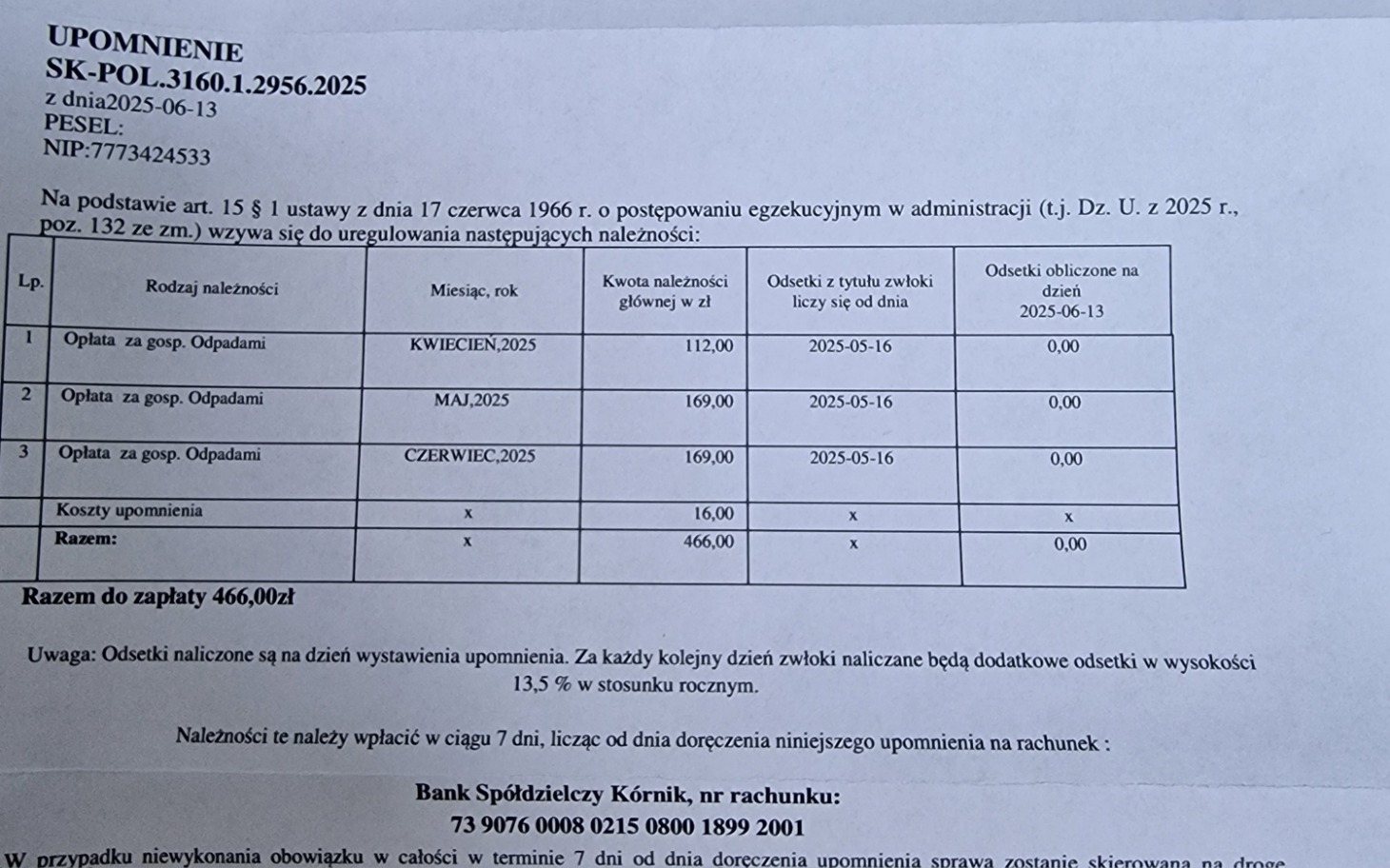 
        Dokument z informacjami o należnościach.
    