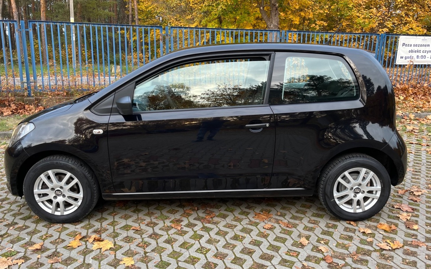 
        Czarny samochód zaparkowany na tle jesiennego krajobrazu.
    