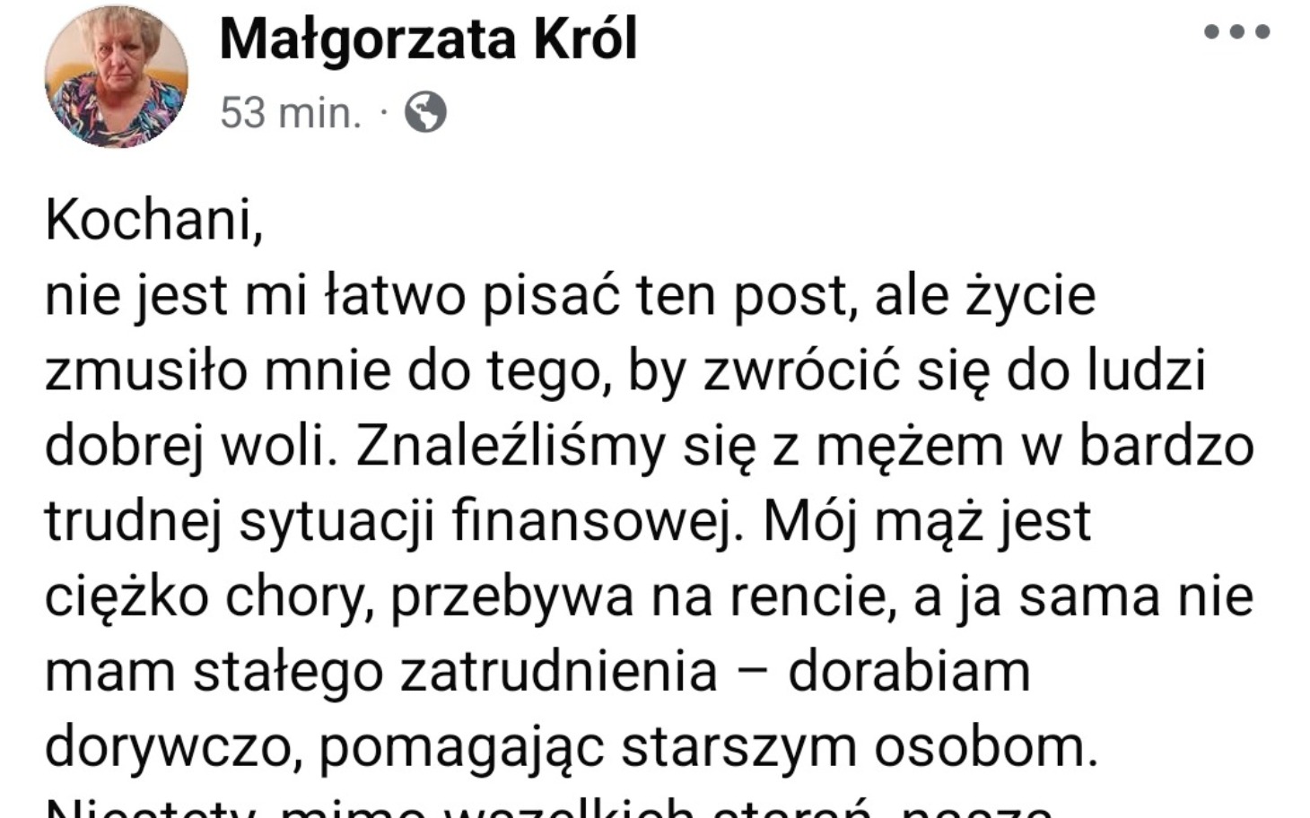 
        Post Małgorzaty Król, prośba o wsparcie w trudnej sytuacji.
    