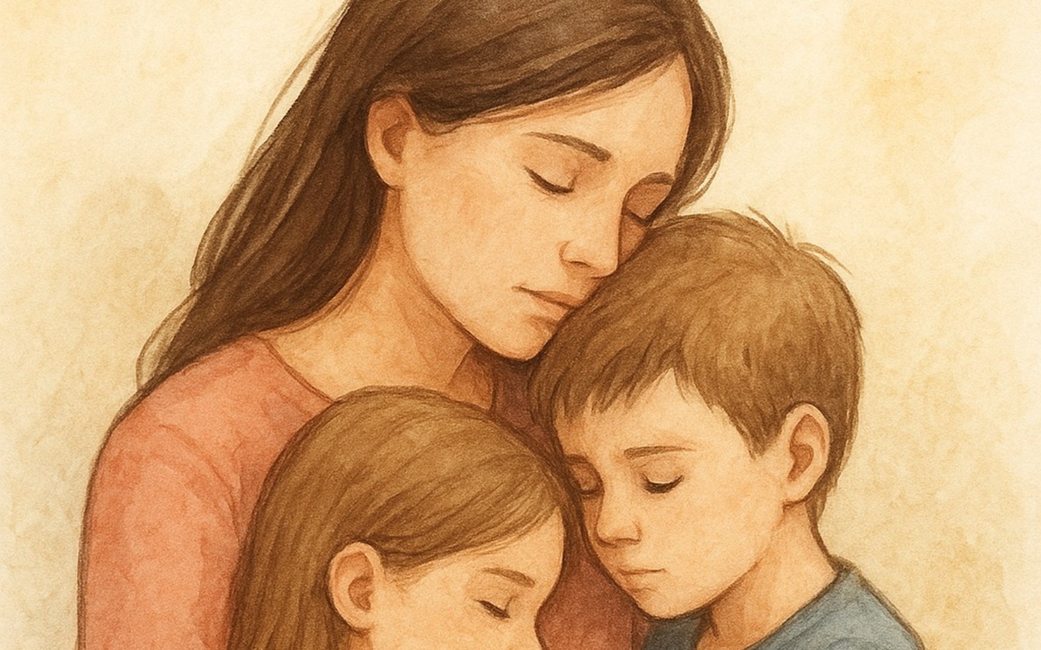 
        Ilustracja matki z dziećmi, przytulających się.
    