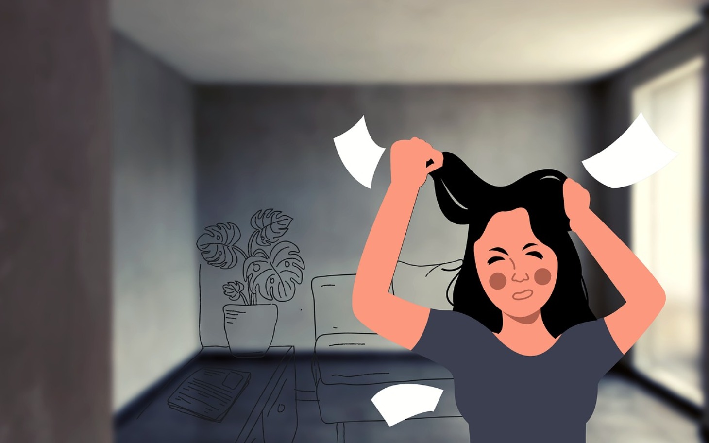 
        Ilustracja przedstawiająca kobietę w stresie, z papierami w rękach.
    