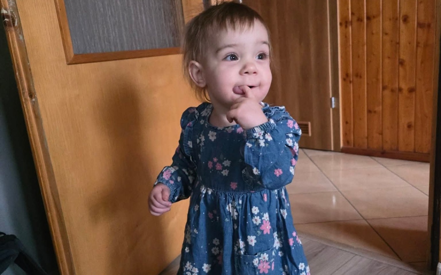 
        Mała dziewczynka w sukience, uśmiechająca się w drzwiach.
    