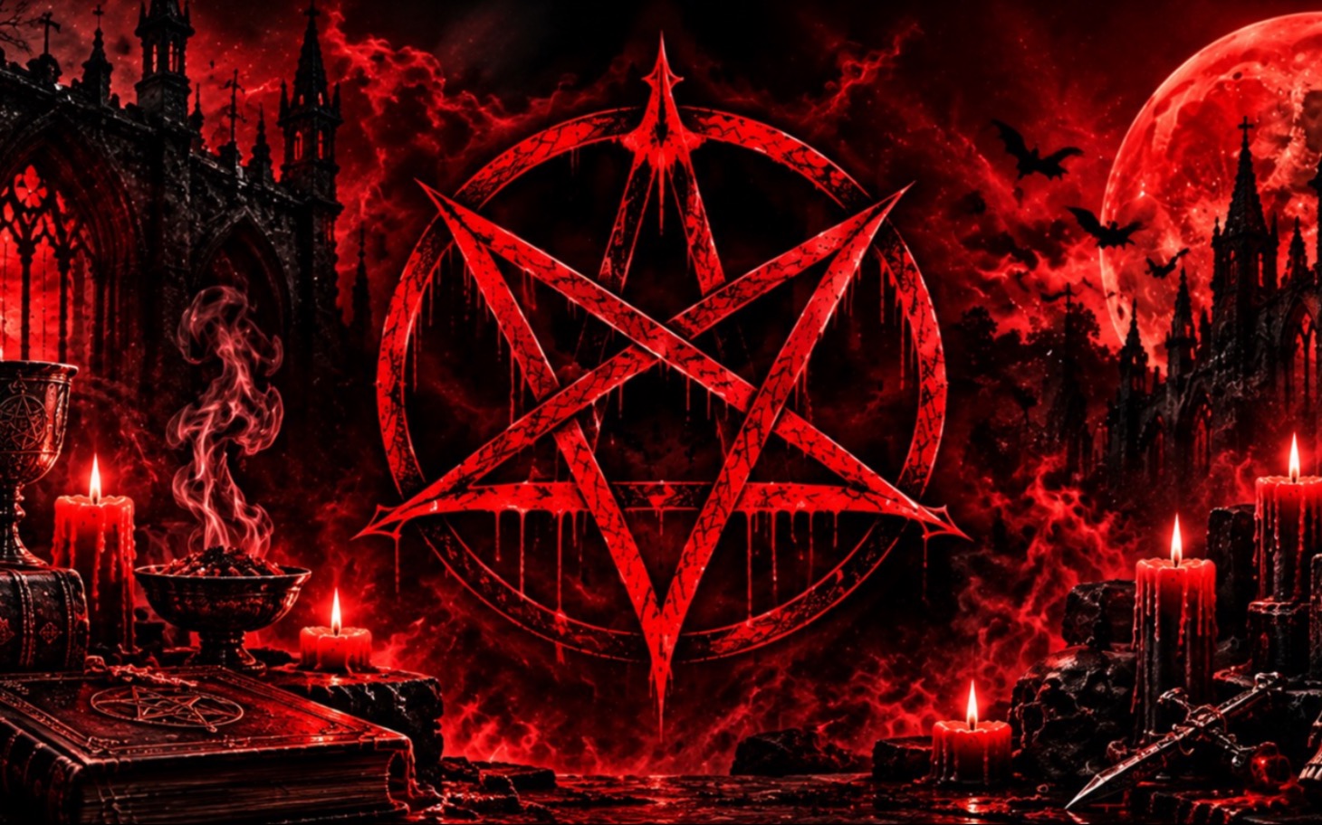 
        Mroczny ritualny krajobraz z czerwonym pentagramem i świecami w ruinach.
    
