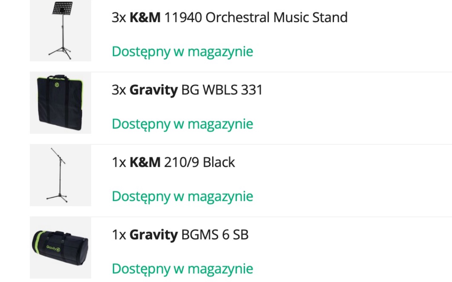 
        Lista dostępnych statywów muzycznych i akcesoriów.
    