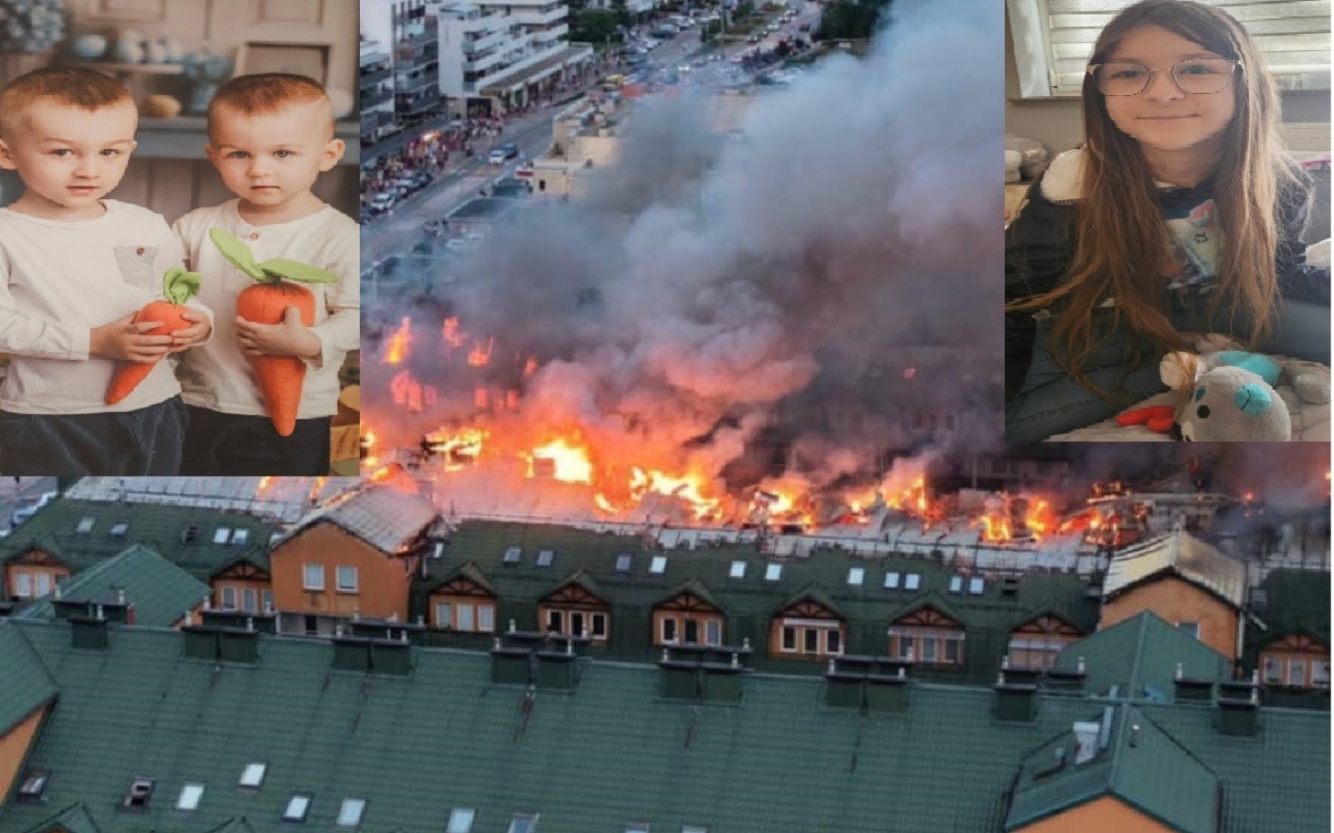 
        Kolaż zdjęć dzieci, pożaru i dziewczynki z pluszakiem.
    