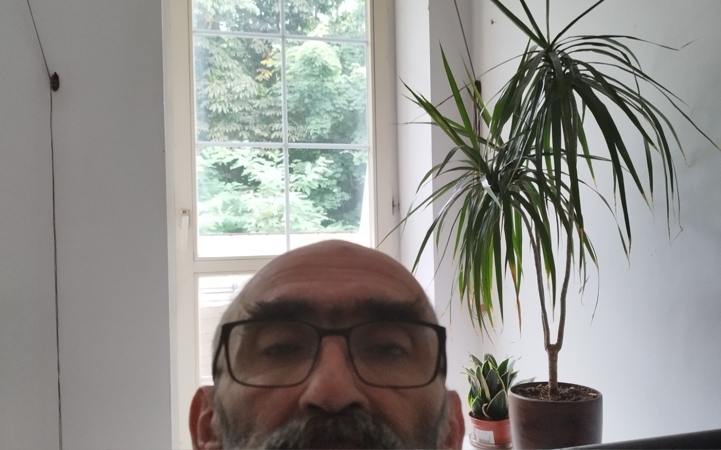 
        Mężczyzna z brodą w pomieszczeniu z roślinami.
    