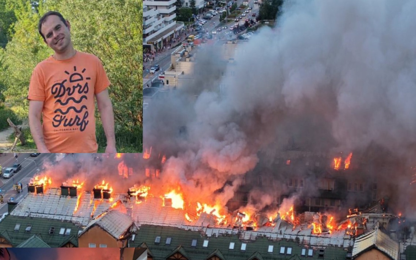 
        Widok na pożar budynku z dymem, w tle zdjęcie mężczyzny.
    