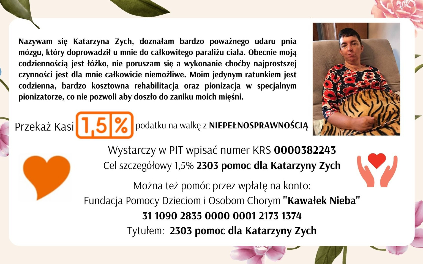 
        Plakat z informacjami o pomocy dla Katarzyny Zych.
    