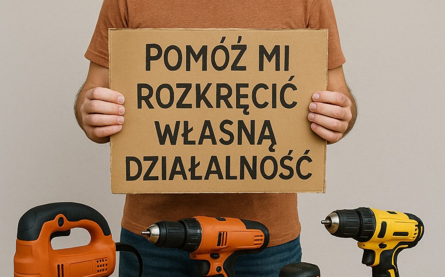 
        Osoba trzymająca karton z prośbą o pomoc w rozkręceniu działalności.
    