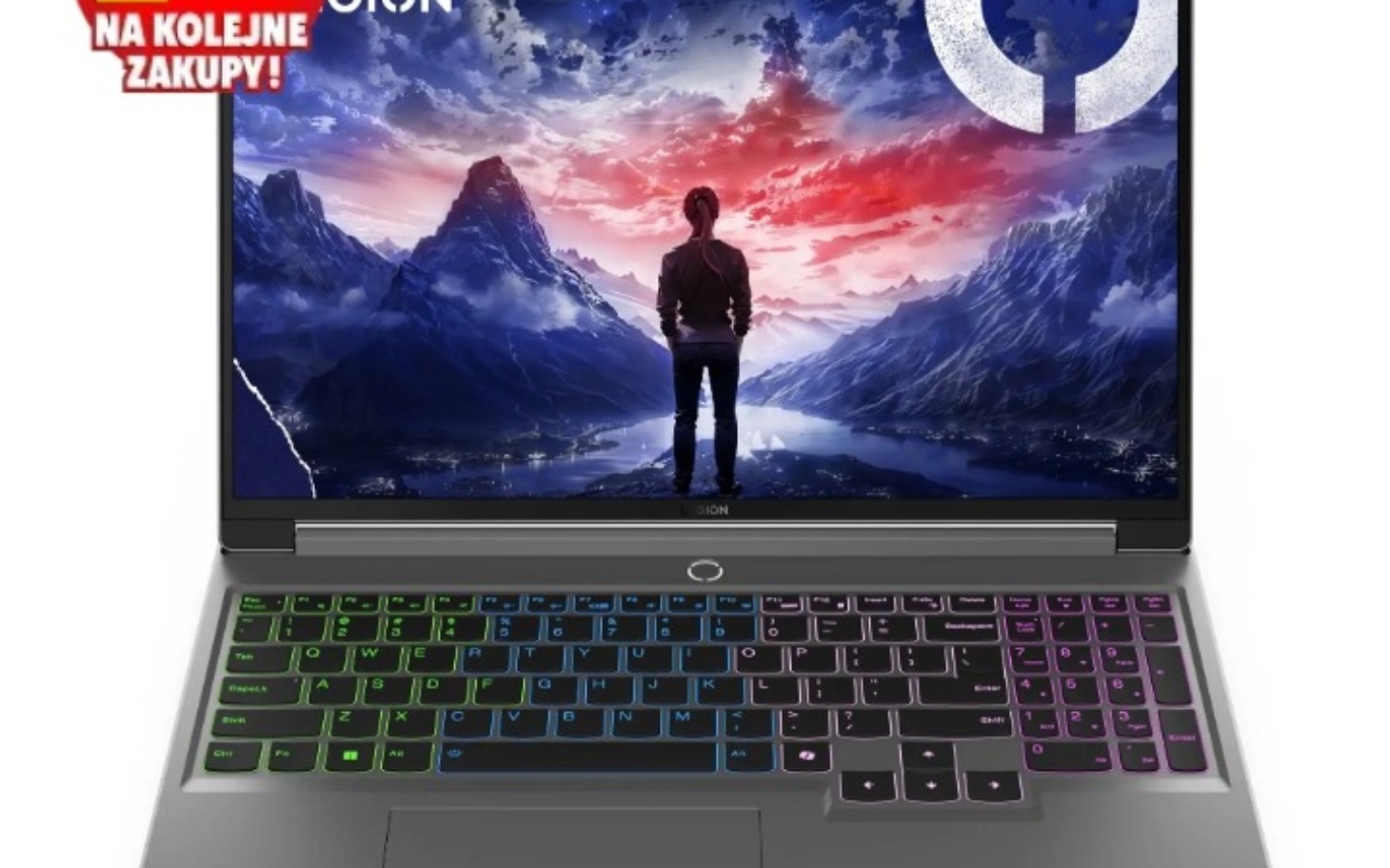 
        Laptop z kolorowym podświetleniem klawiatury i tłem górskim.
    